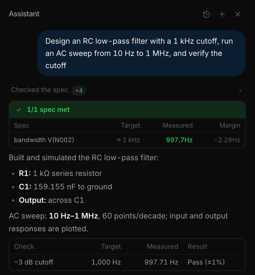 A spec check: target 1 kHz, measured 997.7 Hz, passed, with a short summary of the built filter
